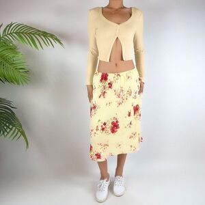 Vintage Y2K Cream Floral Flowy Fairy Cottagecore Low Rise Midi Skirt / Size: 10